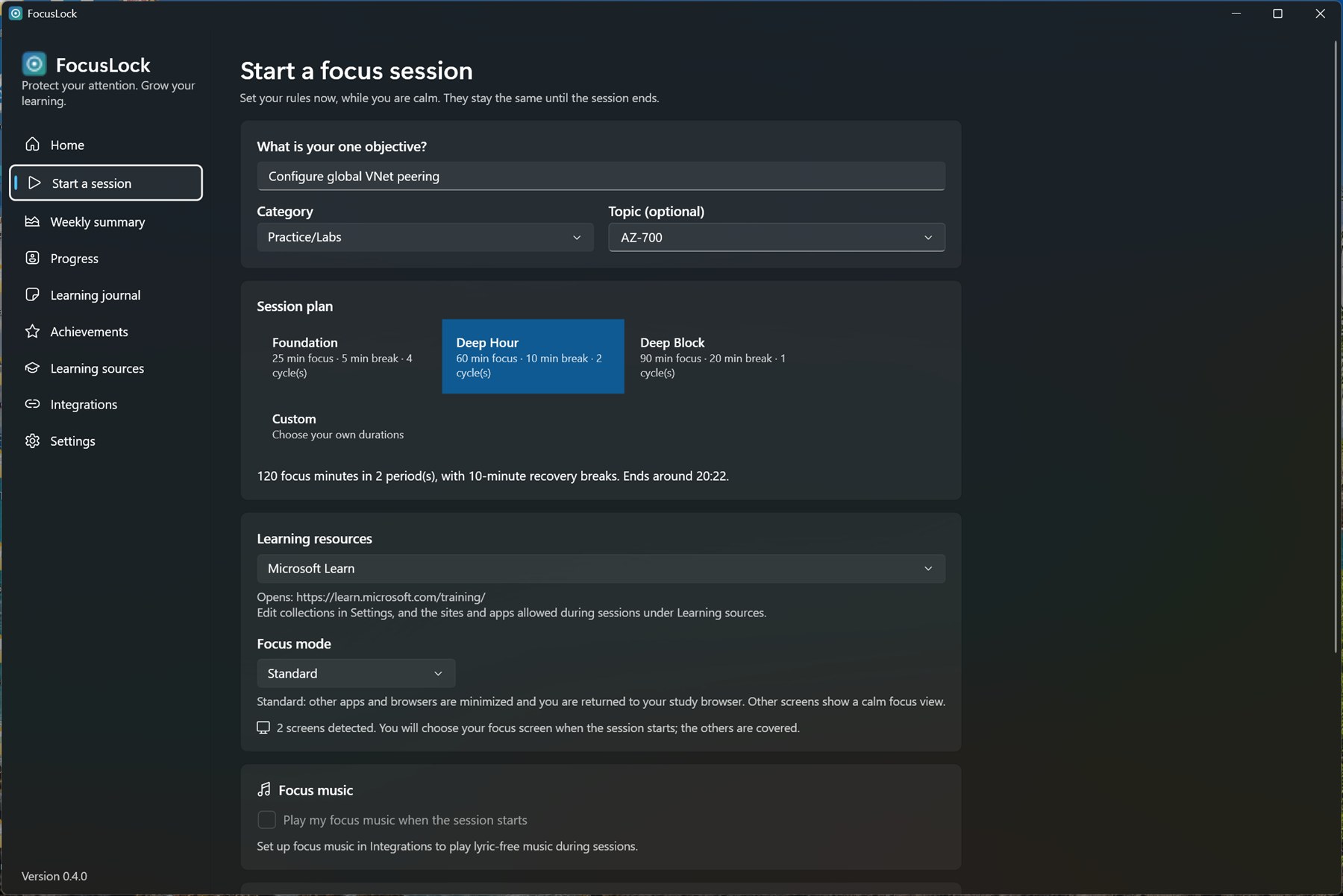 Starting a FocusLock session: one objective, a session plan, learning resources, and focus mode